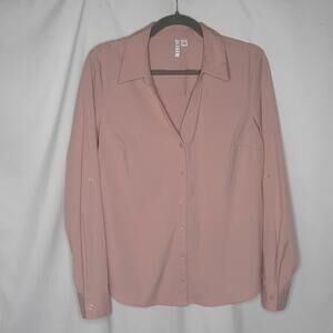 ELLE Womens Button Front Shirt Dusty Pink Roll Tab Sleeves Medium